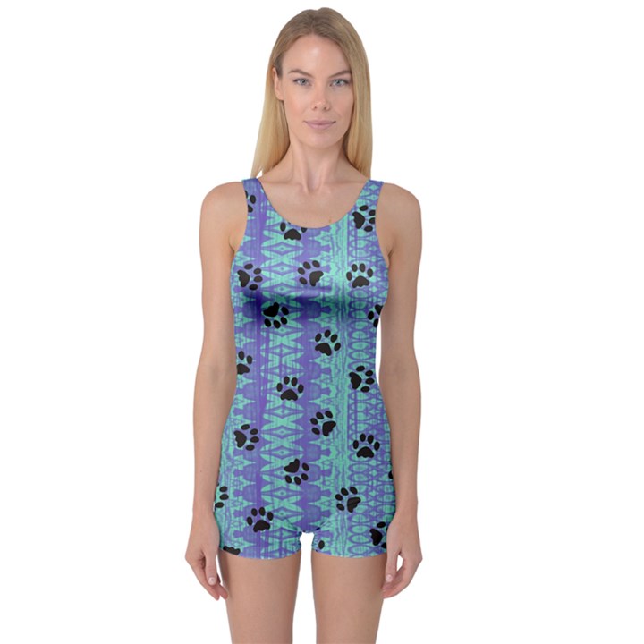 Footprints Cat Black On Batik Pattern Teal Violet One Piece Boyleg Swimsuit