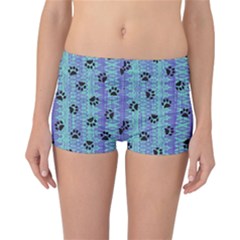 Footprints Cat Black On Batik Pattern Teal Violet Reversible Boyleg Bikini Bottoms by EDDArt