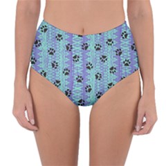 Footprints Cat Black On Batik Pattern Teal Violet Reversible High-waist Bikini Bottoms by EDDArt