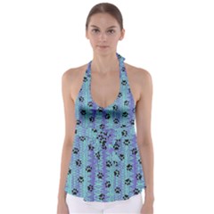 Footprints Cat Black On Batik Pattern Teal Violet Babydoll Tankini Top by EDDArt