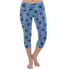 Footprints Cat Black On Batik Pattern Teal Violet Capri Yoga Leggings by EDDArt