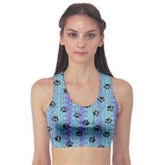 Footprints Cat Black On Batik Pattern Teal Violet Sports Bra by EDDArt