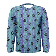 Footprints Cat Black On Batik Pattern Teal Violet Men s Long Sleeve Tee by EDDArt