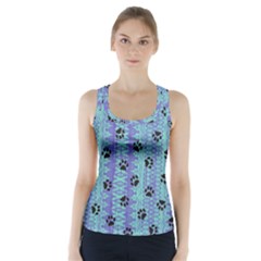 Footprints Cat Black On Batik Pattern Teal Violet Racer Back Sports Top by EDDArt