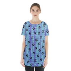 Footprints Cat Black On Batik Pattern Teal Violet Skirt Hem Sports Top by EDDArt