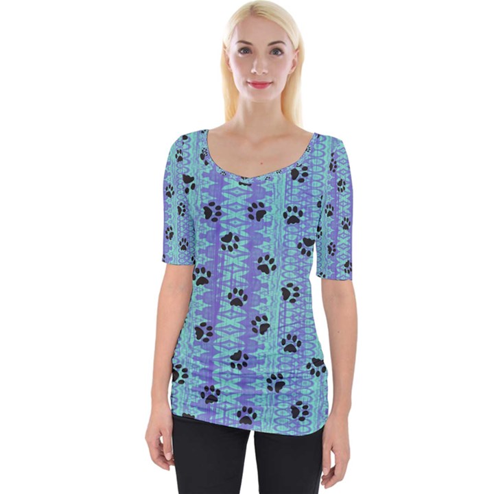 Footprints Cat Black On Batik Pattern Teal Violet Wide Neckline Tee