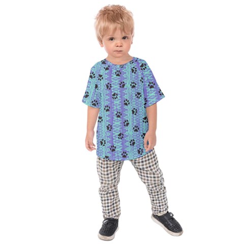 Footprints Cat Black On Batik Pattern Teal Violet Kids Raglan Tee by EDDArt