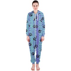 Footprints Cat Black On Batik Pattern Teal Violet Hooded Jumpsuit (ladies)  by EDDArt