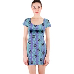 Footprints Cat Black On Batik Pattern Teal Violet Short Sleeve Bodycon Dress by EDDArt