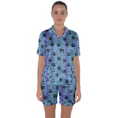 Footprints Cat Black On Batik Pattern Teal Violet Satin Short Sleeve Pyjamas Set by EDDArt