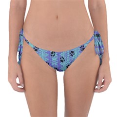 Footprints Cat Black On Batik Pattern Teal Violet Reversible Bikini Bottom by EDDArt