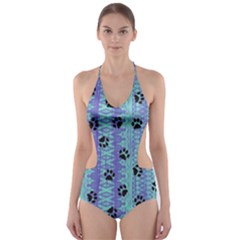 Footprints Cat Black On Batik Pattern Teal Violet Cut-out One Piece Swimsuit by EDDArt