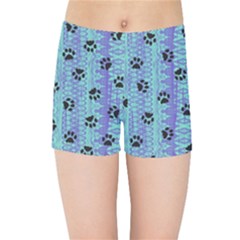 Footprints Cat Black On Batik Pattern Teal Violet Kids Sports Shorts by EDDArt