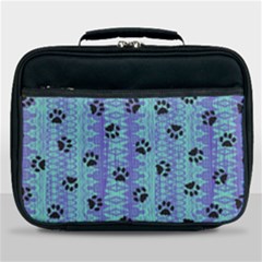 Footprints Cat Black On Batik Pattern Teal Violet Lunch Bag by EDDArt