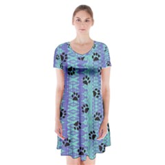 Footprints Cat Black On Batik Pattern Teal Violet Short Sleeve V-neck Flare Dress by EDDArt