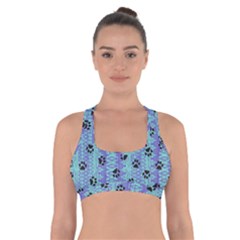 Footprints Cat Black On Batik Pattern Teal Violet Cross Back Sports Bra by EDDArt