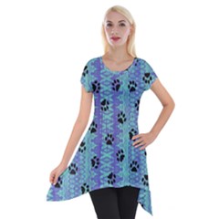 Footprints Cat Black On Batik Pattern Teal Violet Short Sleeve Side Drop Tunic by EDDArt