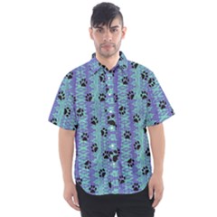 Footprints Cat Black On Batik Pattern Teal Violet Men s Short Sleeve Shirt