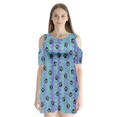 Footprints Cat Black On Batik Pattern Teal Violet Shoulder Cutout Velvet One Piece by EDDArt