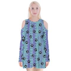 Footprints Cat Black On Batik Pattern Teal Violet Velvet Long Sleeve Shoulder Cutout Dress