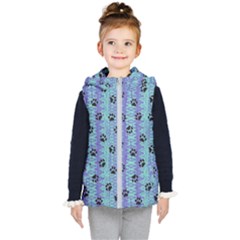 Footprints Cat Black On Batik Pattern Teal Violet Kid s Hooded Puffer Vest by EDDArt