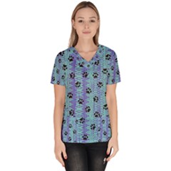 Footprints Cat Black On Batik Pattern Teal Violet Scrub Top by EDDArt