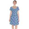 Footprints Cat Black On Batik Pattern Teal Violet Short Sleeve Bardot Dress View1