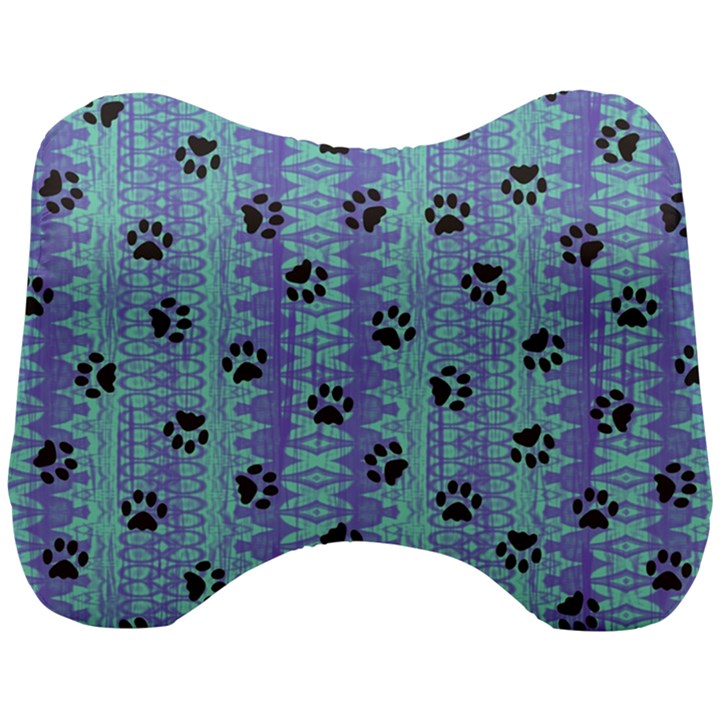 Footprints Cat Black On Batik Pattern Teal Violet Head Support Cushion