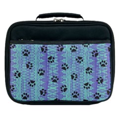 Footprints Cat Black On Batik Pattern Teal Violet Lunch Bag by EDDArt