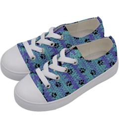 Footprints Cat Black On Batik Pattern Teal Violet Kids  Low Top Canvas Sneakers by EDDArt