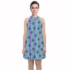 Footprints Cat Black On Batik Pattern Teal Violet Velvet Halter Neckline Dress  by EDDArt