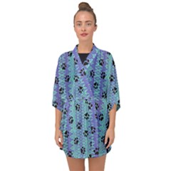 Footprints Cat Black On Batik Pattern Teal Violet Half Sleeve Chiffon Kimono by EDDArt