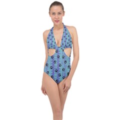 Footprints Cat Black On Batik Pattern Teal Violet Halter Front Plunge Swimsuit