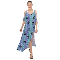 Footprints Cat Black On Batik Pattern Teal Violet Maxi Chiffon Cover Up Dress by EDDArt