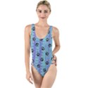 Footprints Cat Black On Batik Pattern Teal Violet High Leg Strappy Swimsuit View1