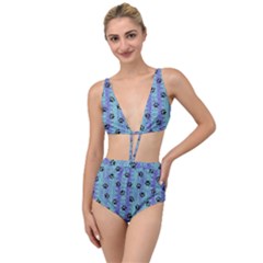 Footprints Cat Black On Batik Pattern Teal Violet Tied Up Two Piece Swimsuit by EDDArt