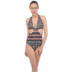 Red And Geometric Designs Created By Flipstylez Designs Halter Front Plunge Swimsuit by flipstylezfashionsLLC