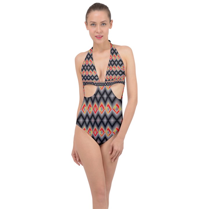 Red and black zig zags  Halter Front Plunge Swimsuit