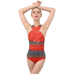 Creative Red And Black Geometric Design  Cross Front Low Back Swimsuit by flipstylezfashionsLLC