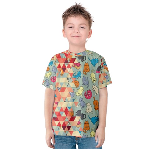 Hipster Triangles And Funny Cats Cut Pattern Kids  Cotton Tee by EDDArt