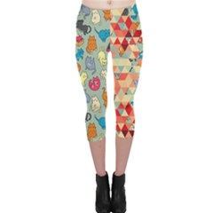 Hipster Triangles And Funny Cats Cut Pattern Capri Leggings  by EDDArt