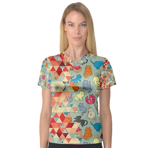 Hipster Triangles And Funny Cats Cut Pattern V-neck Sport Mesh Tee by EDDArt