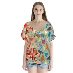 Hipster Triangles And Funny Cats Cut Pattern V-neck Flutter Sleeve Top by EDDArt