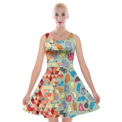 Hipster Triangles And Funny Cats Cut Pattern Velvet Skater Dress by EDDArt