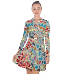 Hipster Triangles And Funny Cats Cut Pattern Long Sleeve Panel Dress by EDDArt