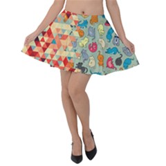 Hipster Triangles And Funny Cats Cut Pattern Velvet Skater Skirt by EDDArt