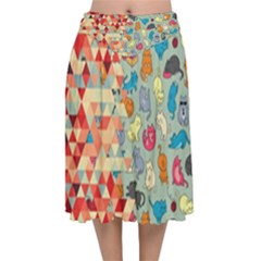 Hipster Triangles And Funny Cats Cut Pattern Velvet Flared Midi Skirt by EDDArt