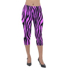 Zebra Stripes Pattern Trend Colors Black Pink Lightweight Velour Capri Leggings  by EDDArt