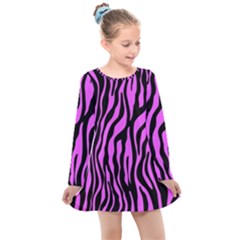 Zebra Stripes Pattern Trend Colors Black Pink Kids  Long Sleeve Dress