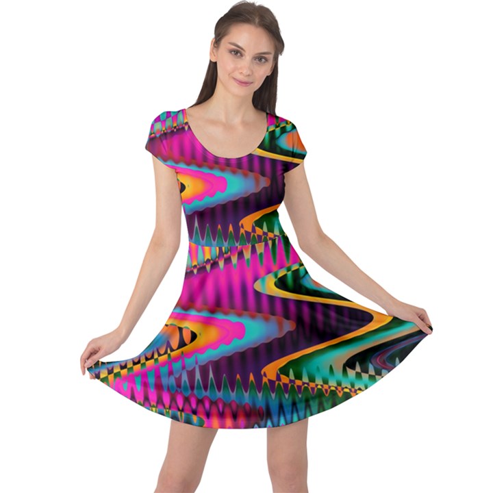 Multicolored Wave Distortion Zigzag Chevrons Cap Sleeve Dress